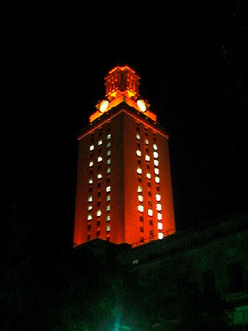 UT Tower with Double 34 lit up in honor of Ricky Williams